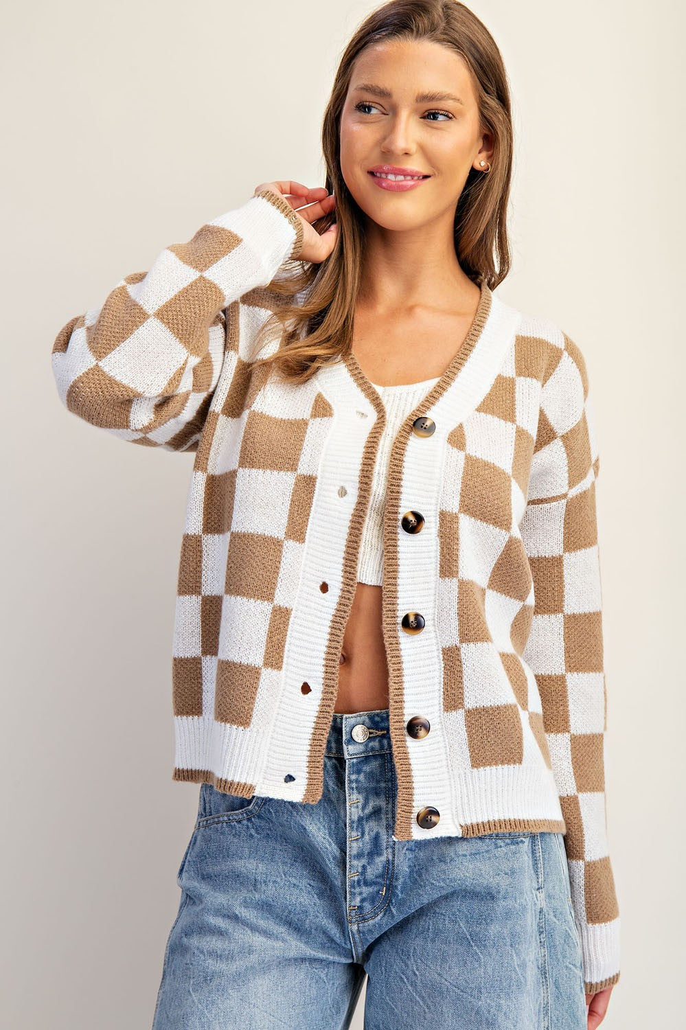 Checker Print Button Down Cardigan