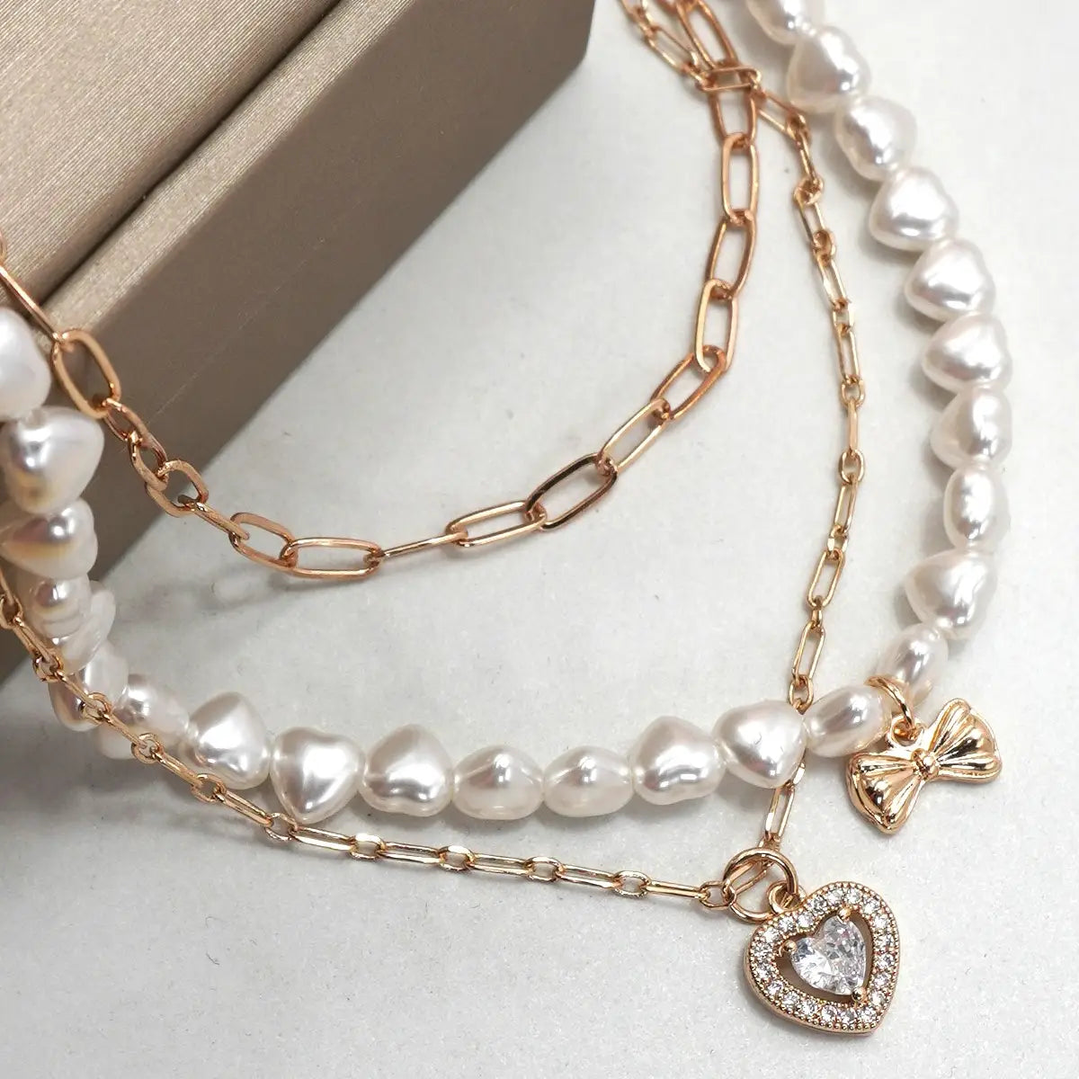Pearl Layer Bow/Heart Necklace