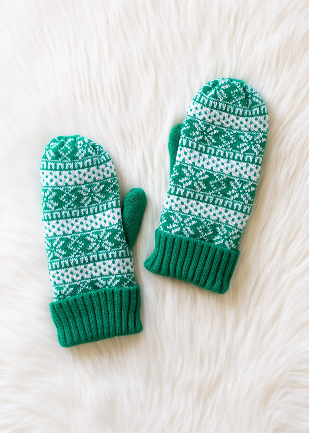 Green and White Winter Mittens