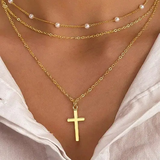 Pearl and Cross Layered Necklace