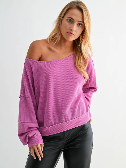 Raw Edge Waffle Knit Boatneck Pullover