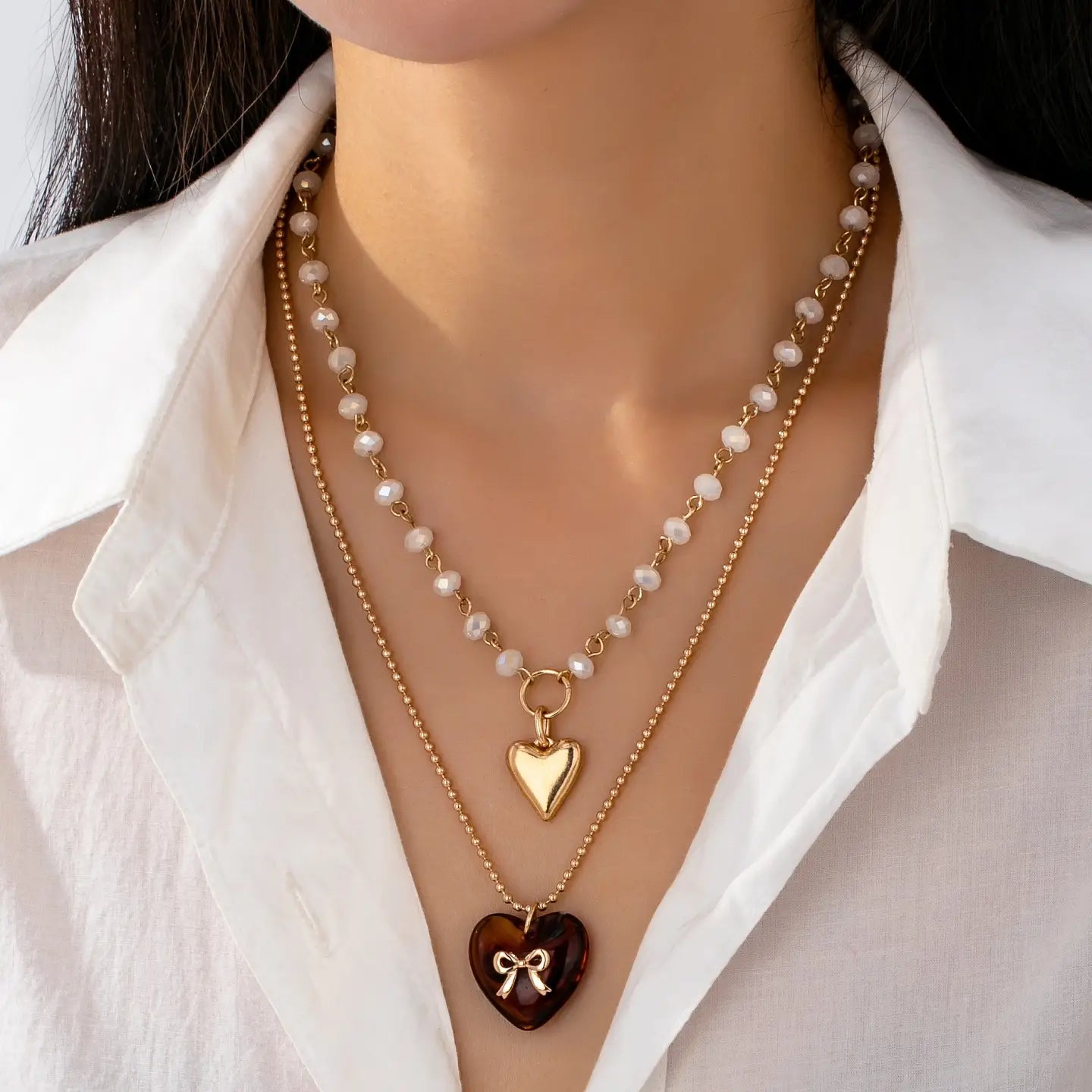 Multi Layer Double Heart Charm Necklace