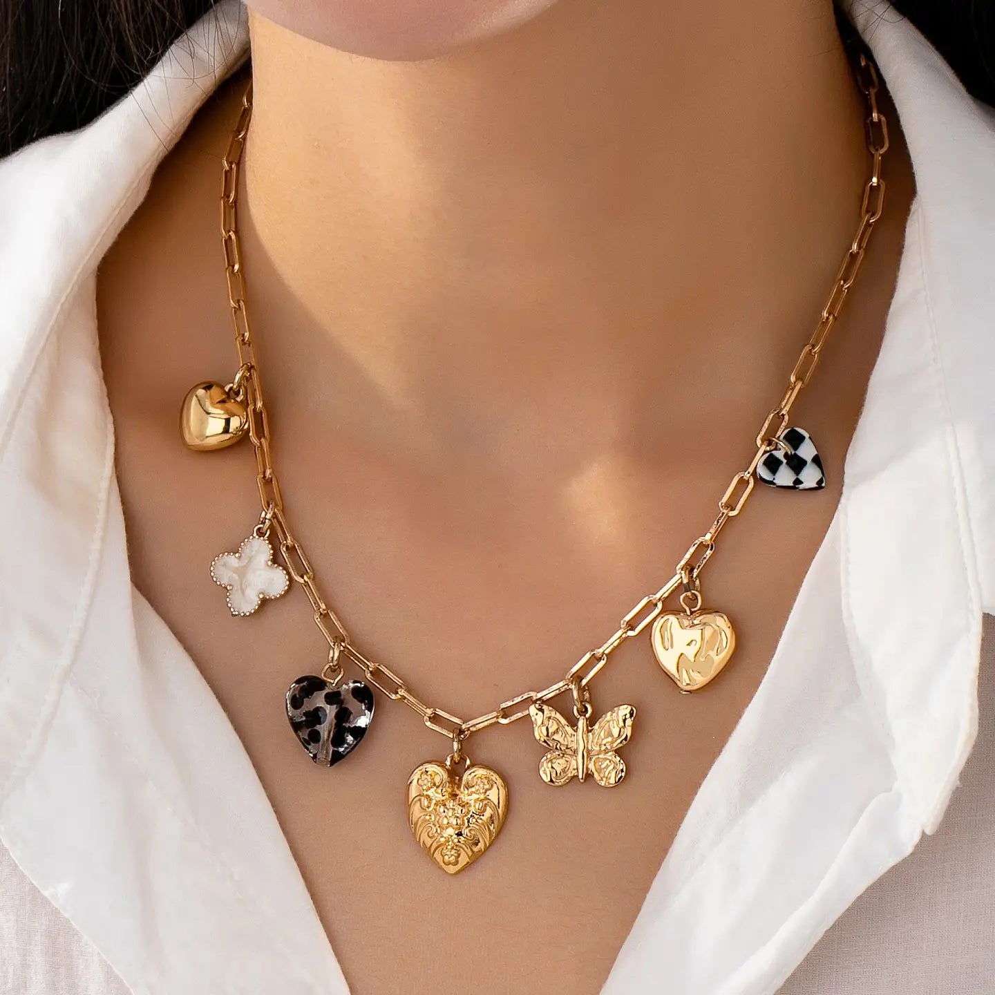 Charm Necklace-Hearts Checker Rhinestone