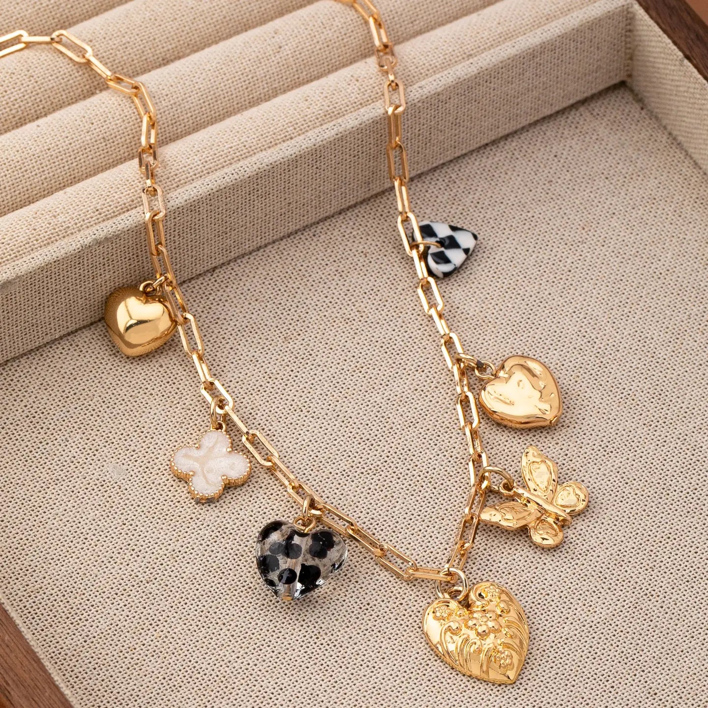 Charm Necklace-Hearts Checker Rhinestone