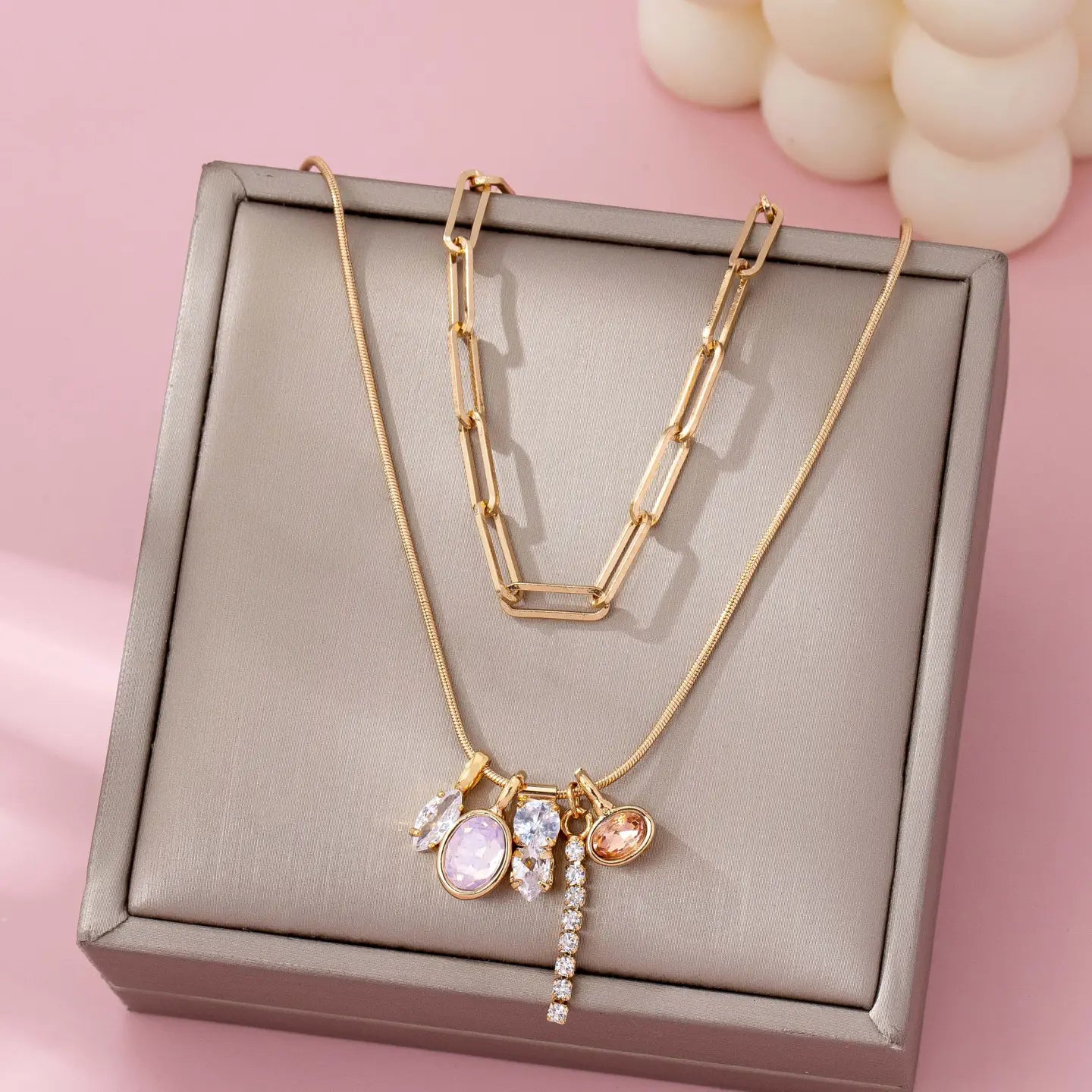 Crystal Cluster Charm Double-Layer Necklace