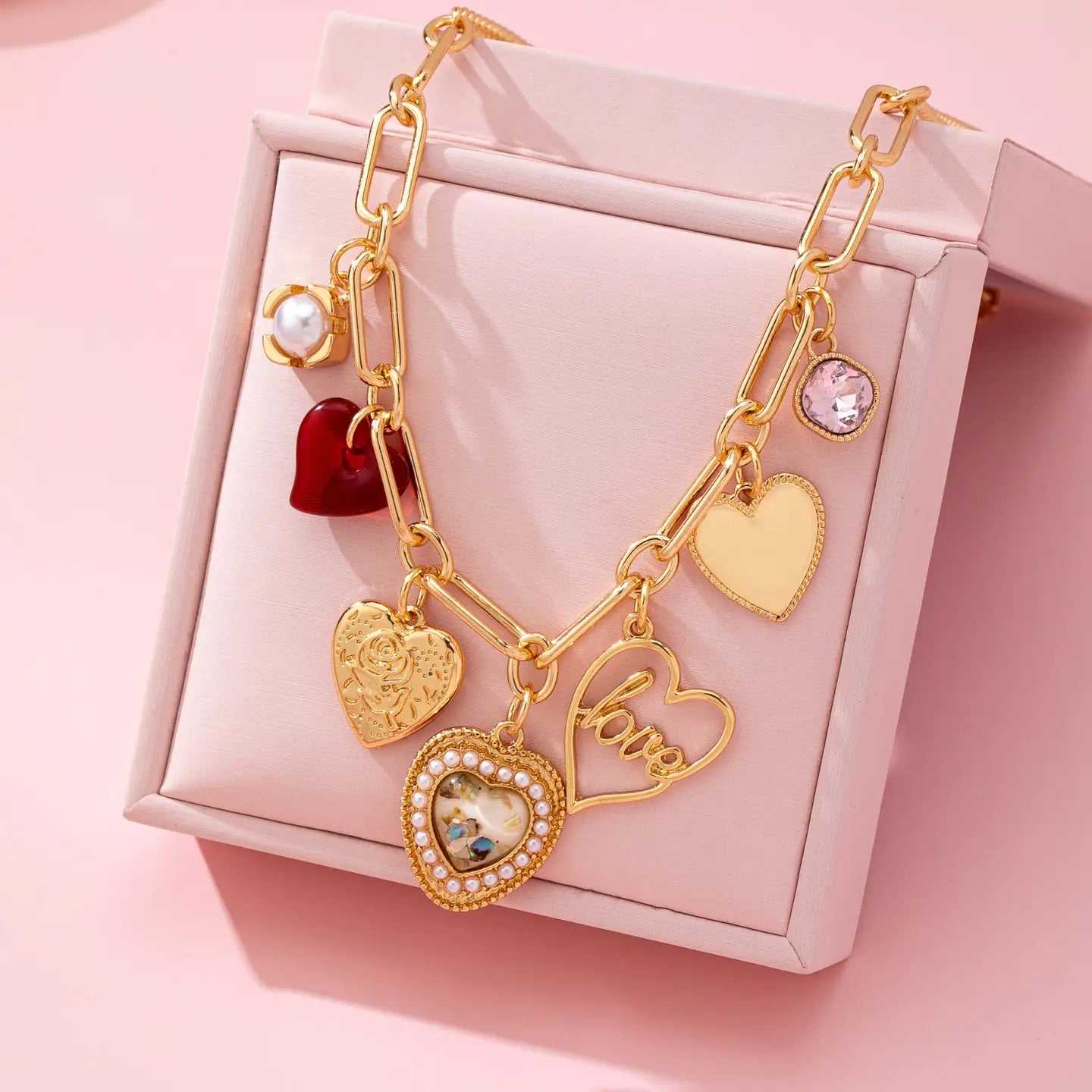 Charm Necklace-Porcelain Heart Rhinestone Pearl