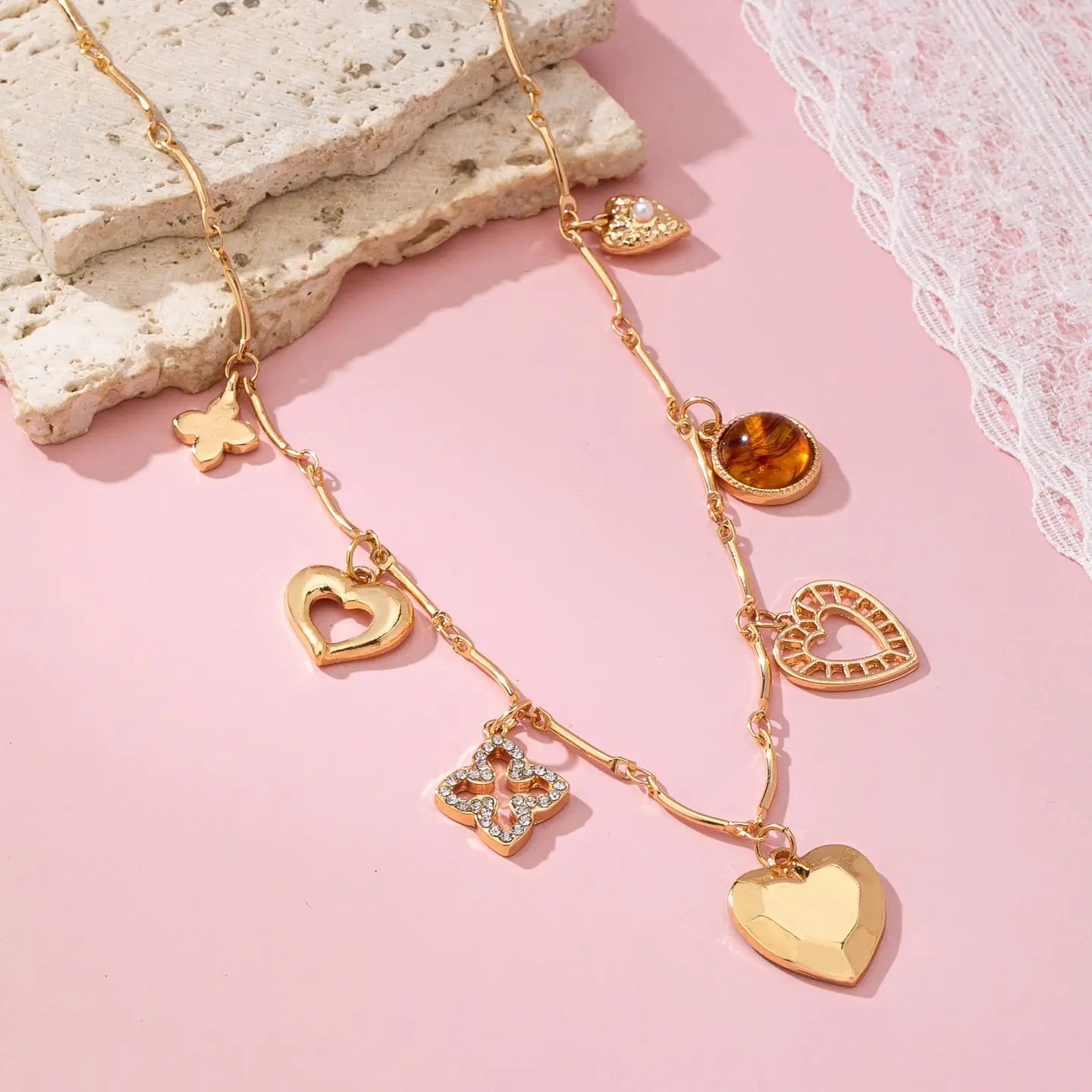 Charm Necklace-Hearts Clover Stone