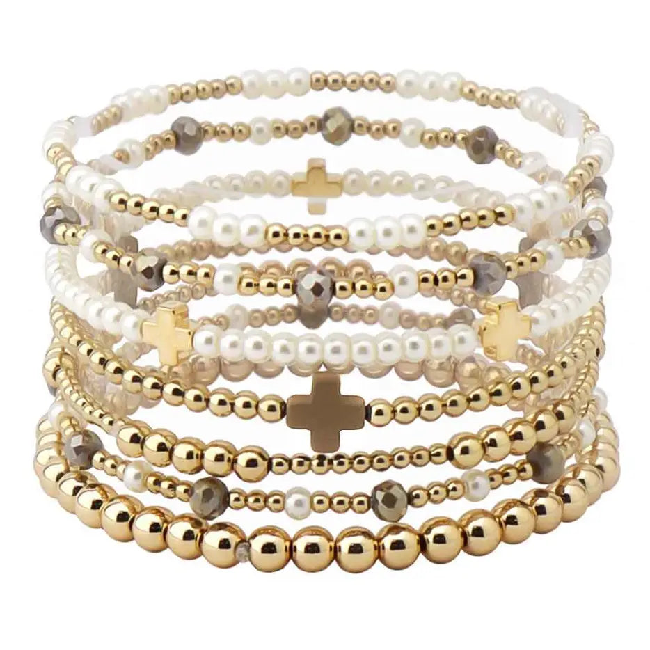Gold Beaded Cross Accent Bracelet