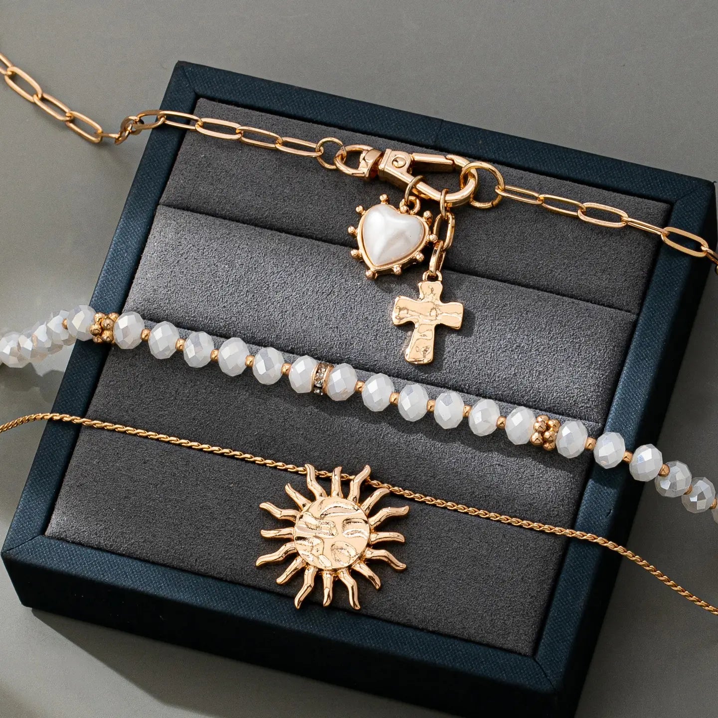 Multi Beaded Layer Sun Heart Cross Charm Necklace
