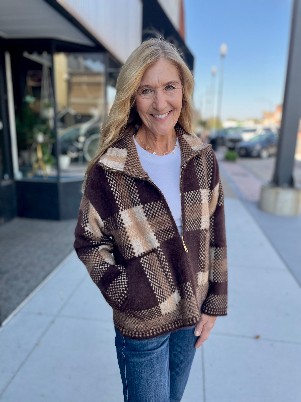 Reggie Checkered Zip Cardigan