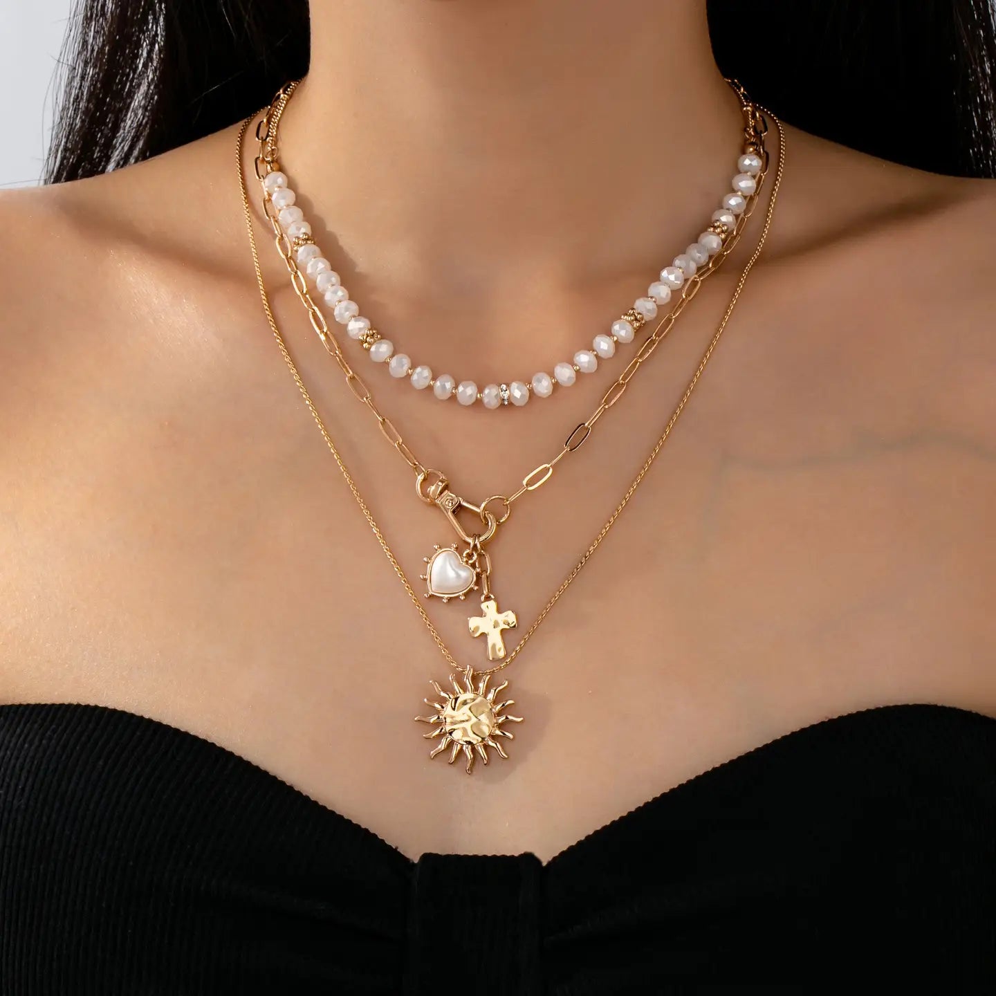 Multi Beaded Layer Sun Heart Cross Charm Necklace