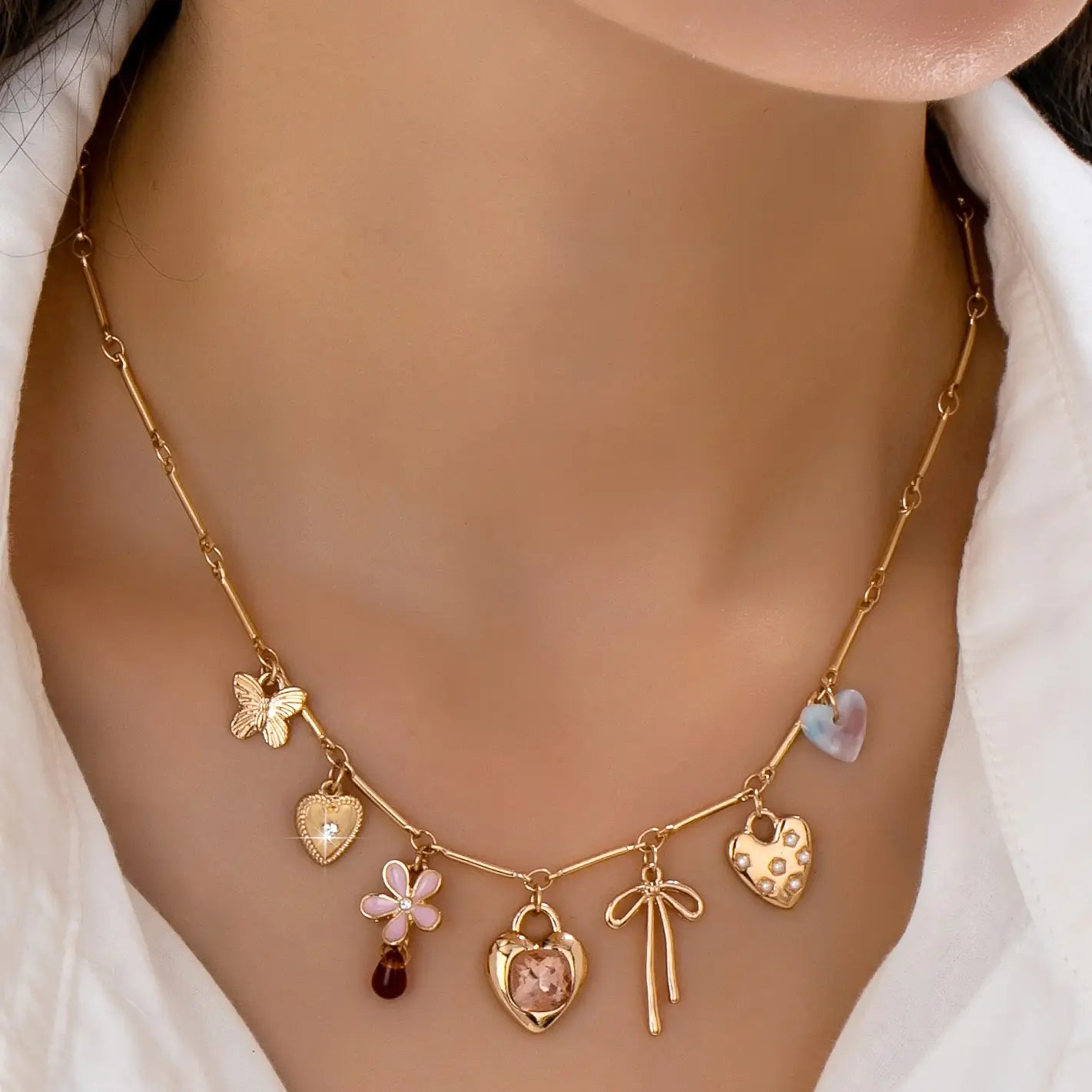 Charm Necklace-Hearts Flower Bow Butterfly