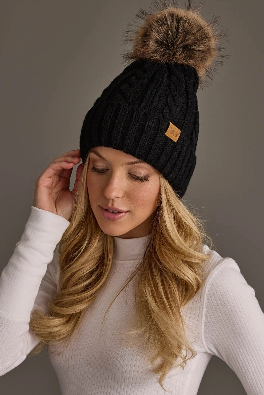 Black Cable Knit Pom