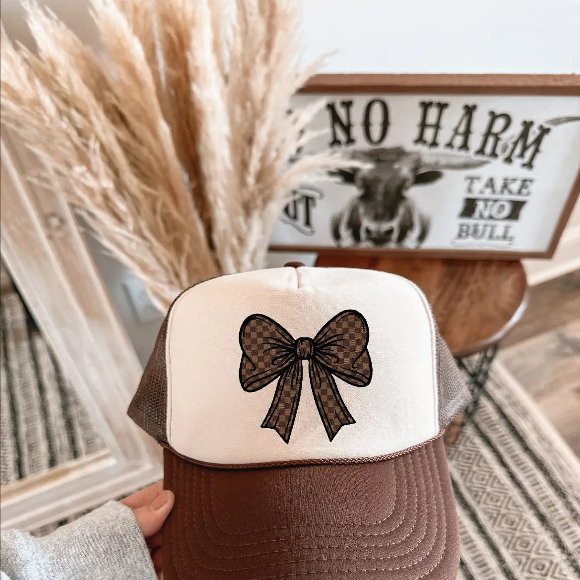 Brown Checkered Bow Hat