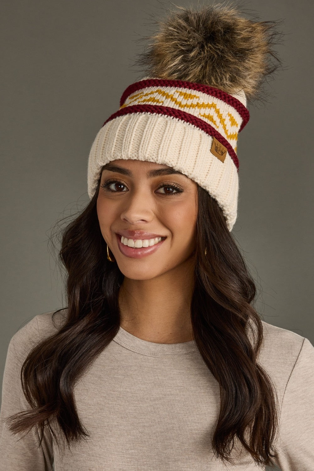 Burgundy & Gold Patterned Pom Hat
