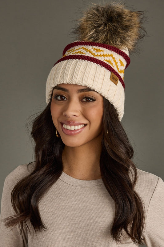 Burgundy & Gold Patterned Pom Hat
