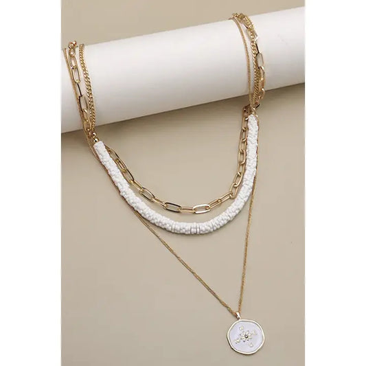 Triple Layer Compass Heishi  Bead Necklace