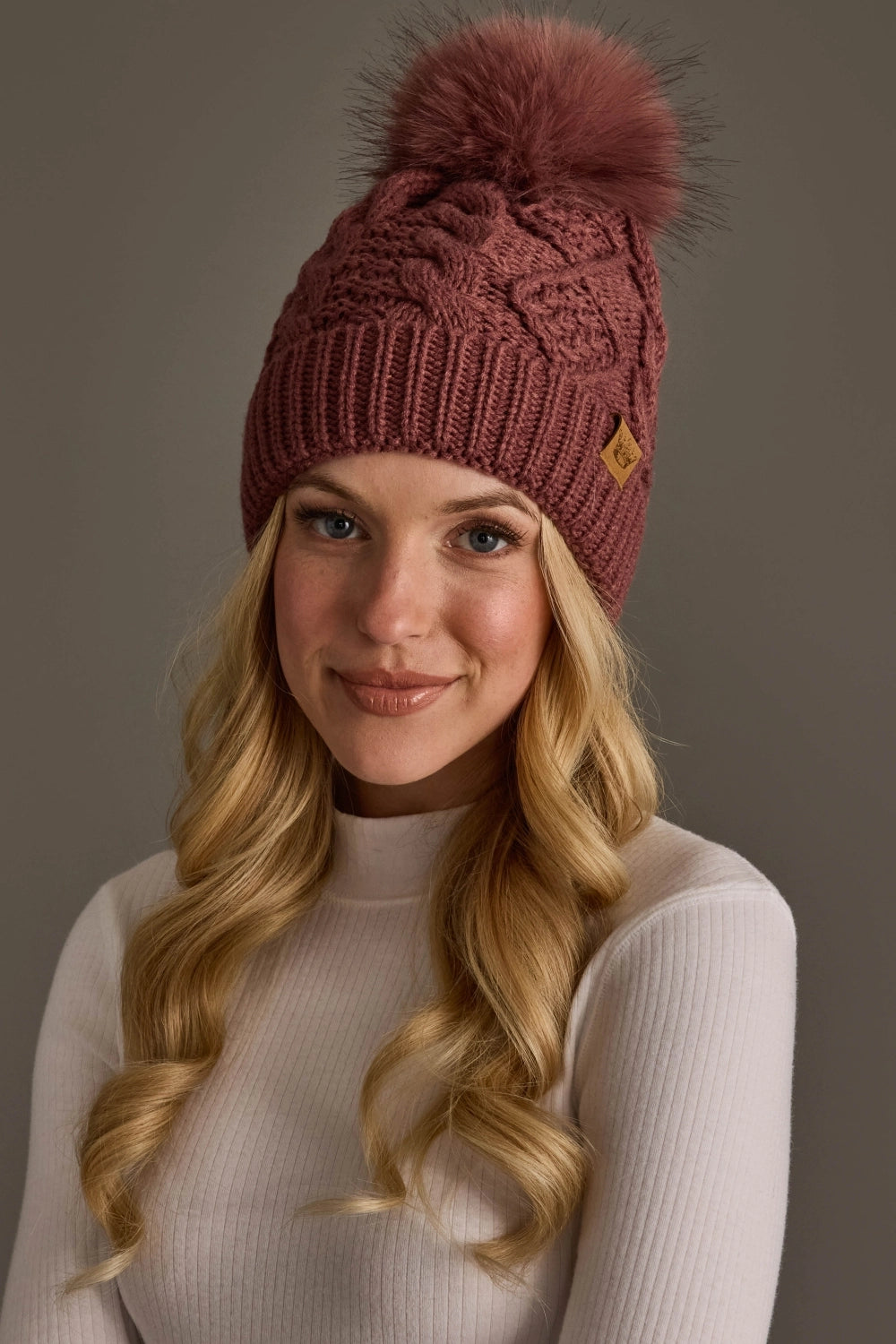 Dk Pink Cable Knit Pom Hat