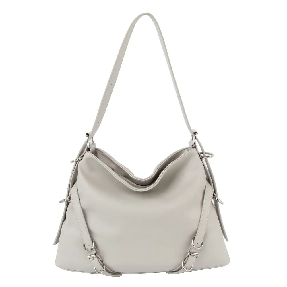 Grey Buckle Accented Hobo Bag