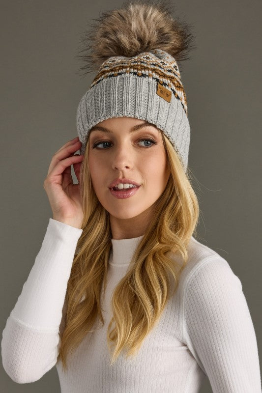 Grey Patterned Pom Hat