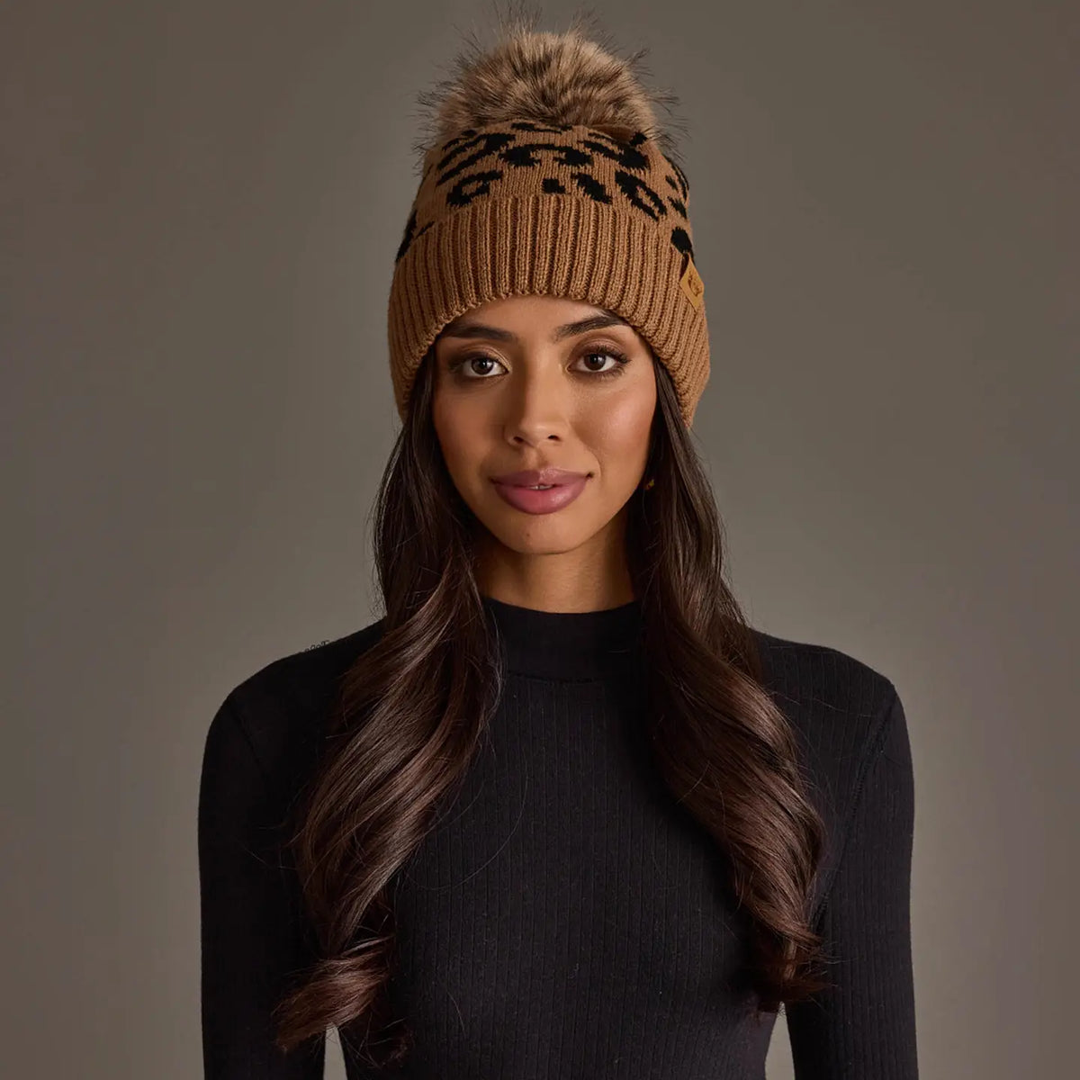 Leopard Print Cable Knit Pom