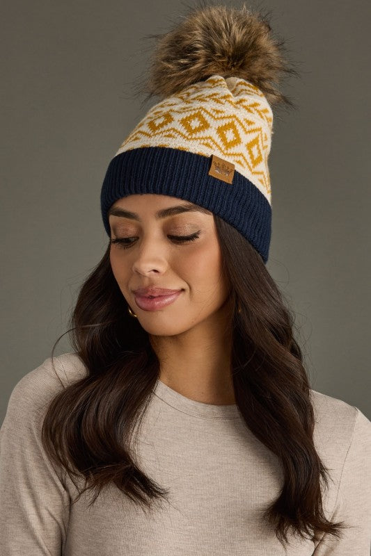 Navy & Gold Patterned Pom Hat