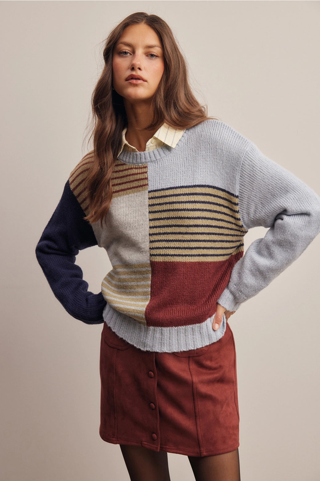Delyla Striped Color Block Sweater