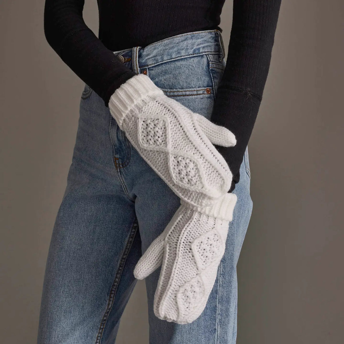 White Cable Knit Mittens