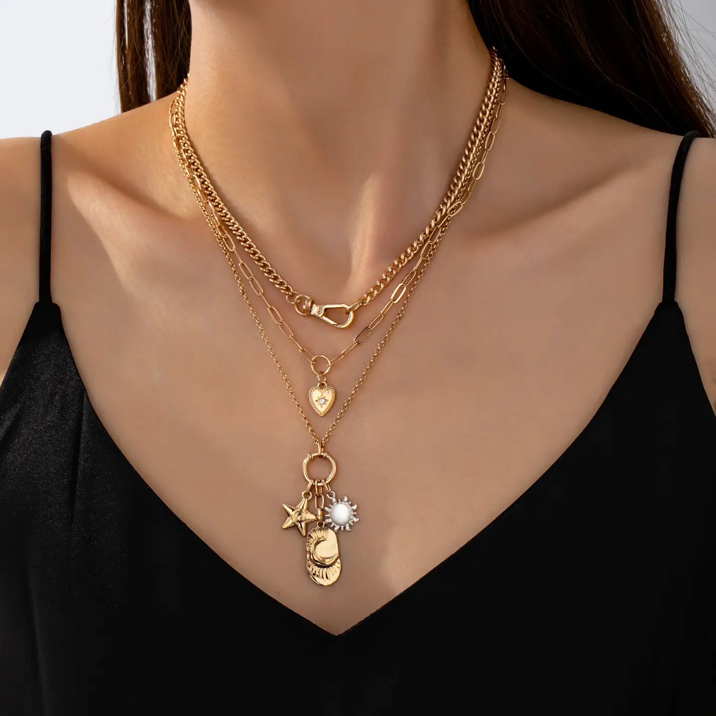 Multi Layer Celestial Star Moon Charm Necklace