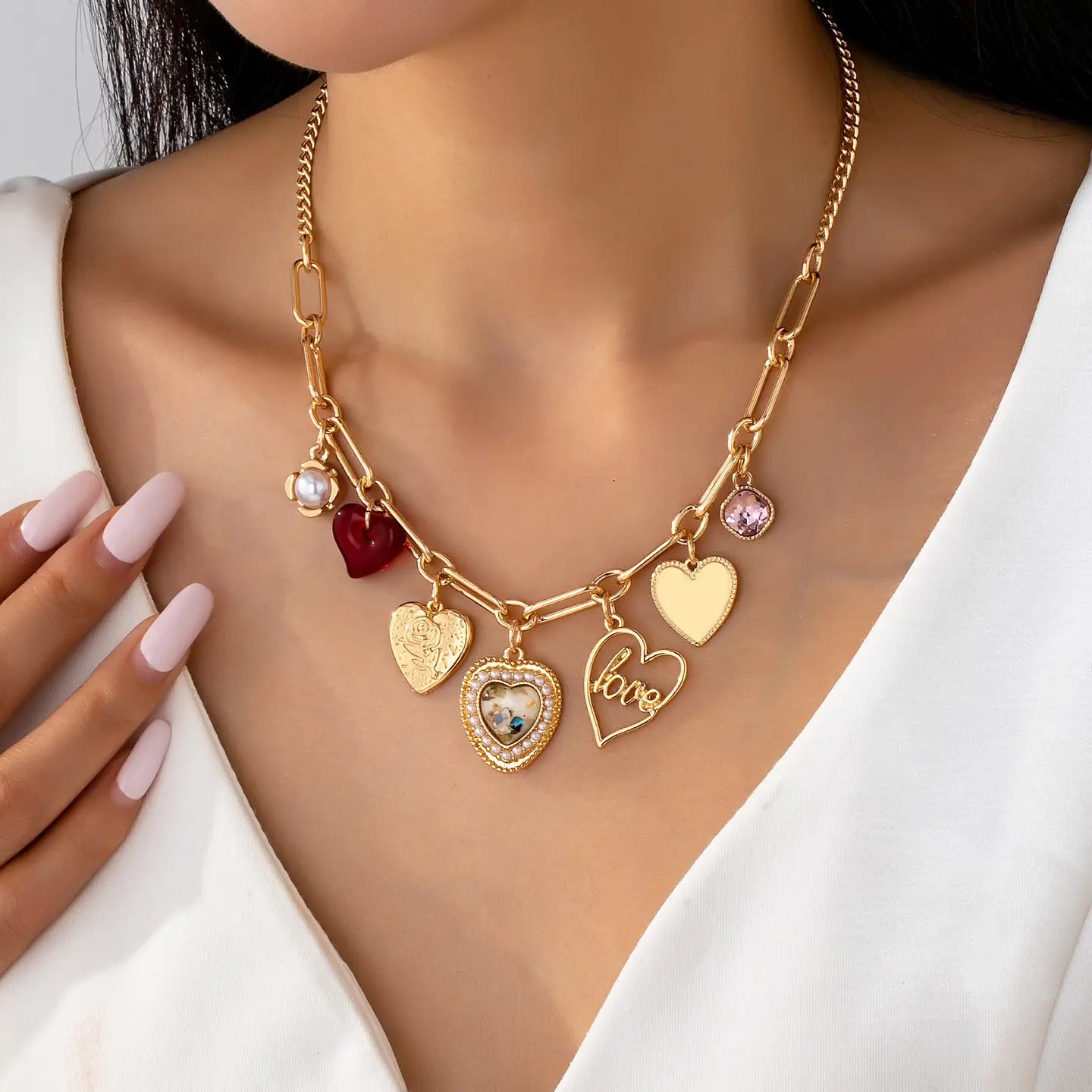 Charm Necklace-Porcelain Heart Rhinestone Pearl