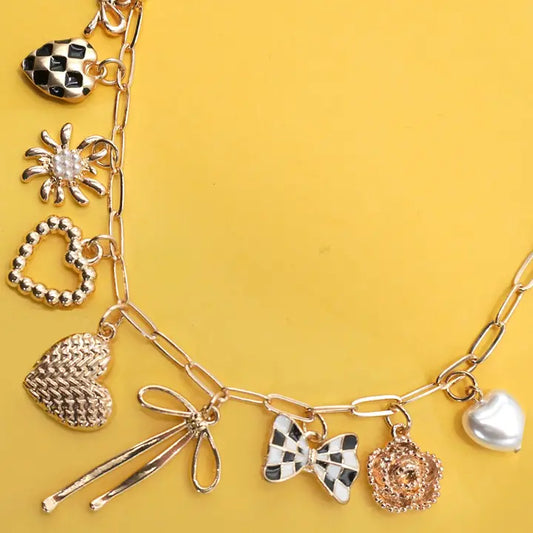Checkered Heart Bow Necklace