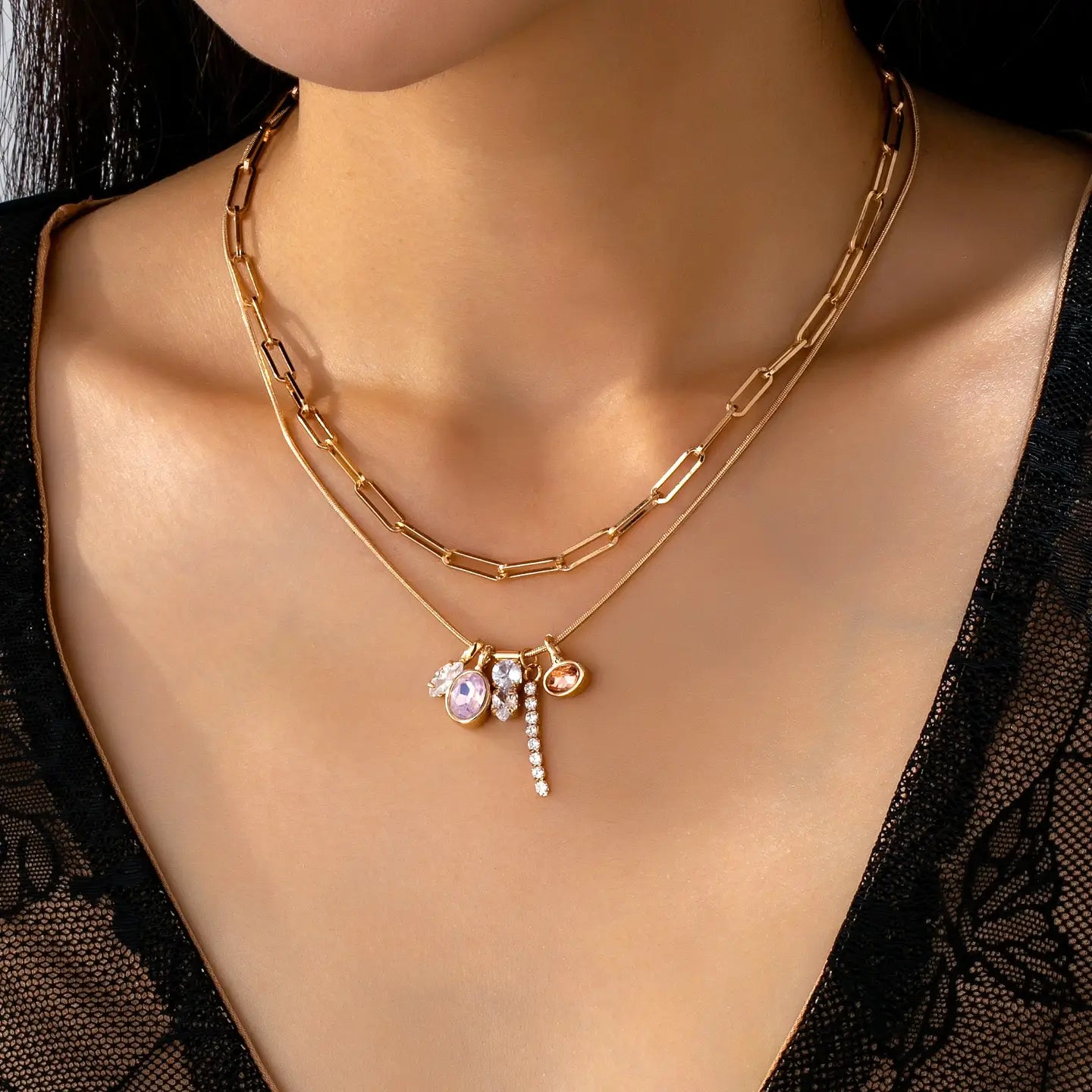 Crystal Cluster Charm Double-Layer Necklace