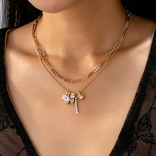 Crystal Cluster Charm Double-Layer Necklace