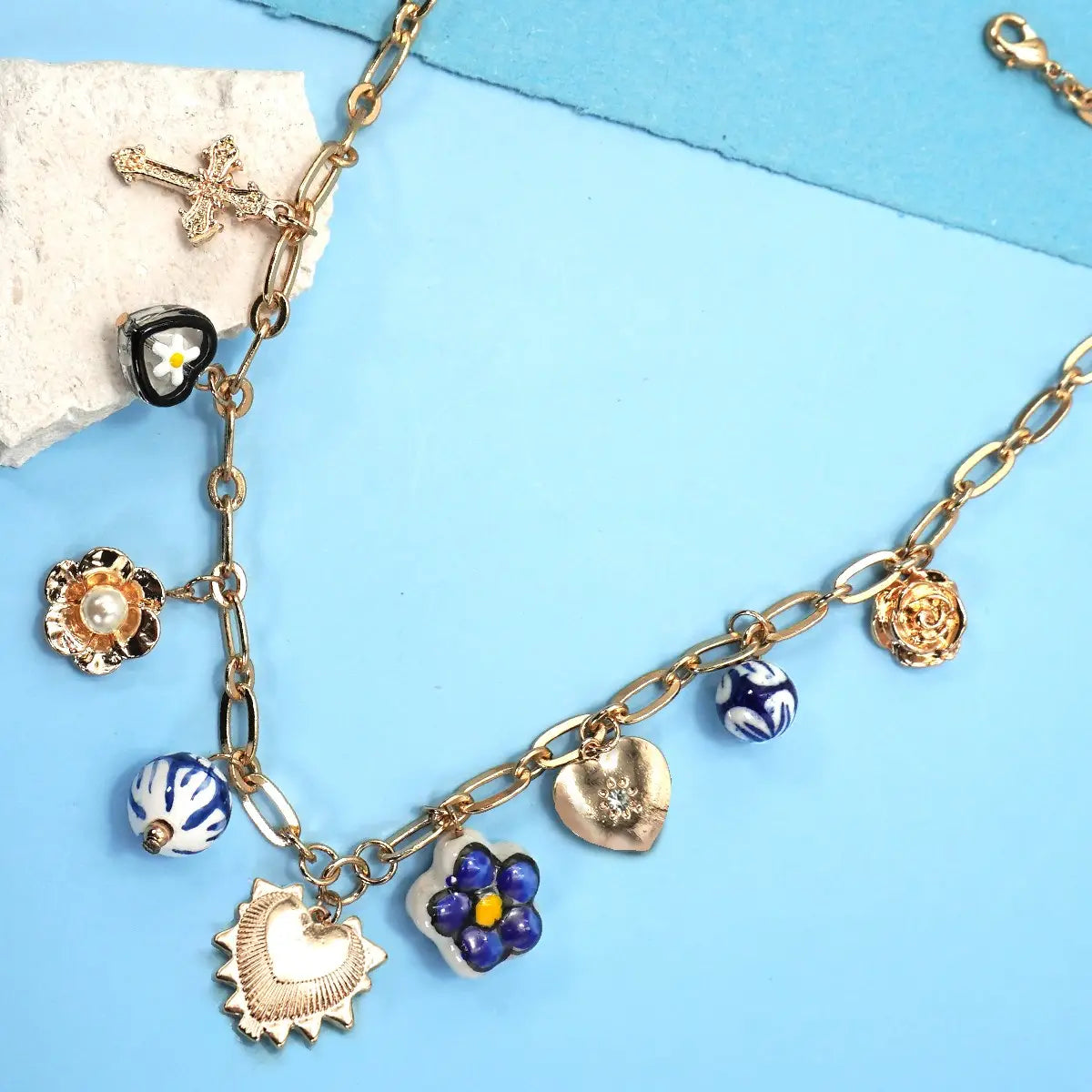 Blue Ceramic Floral Charm Necklace