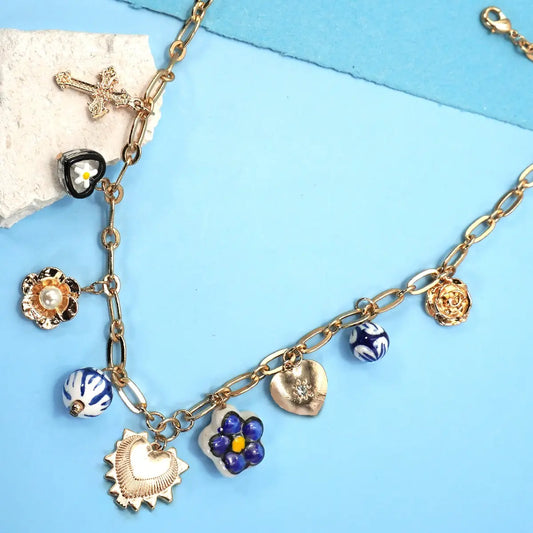 Blue Ceramic Floral Charm Necklace