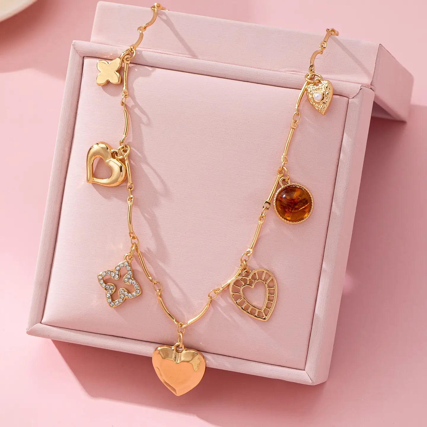 Charm Necklace-Hearts Clover Stone