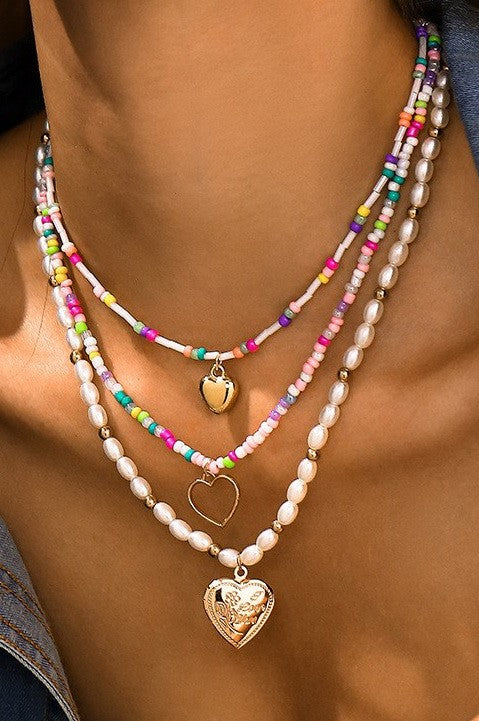 Multi Layer Beaded Chain Heart Charm Necklace